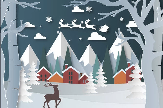 创意剪纸风圣诞节圣诞树圣诞老人麋鹿雪花3D立体海报PSD/AI素材模板【002】